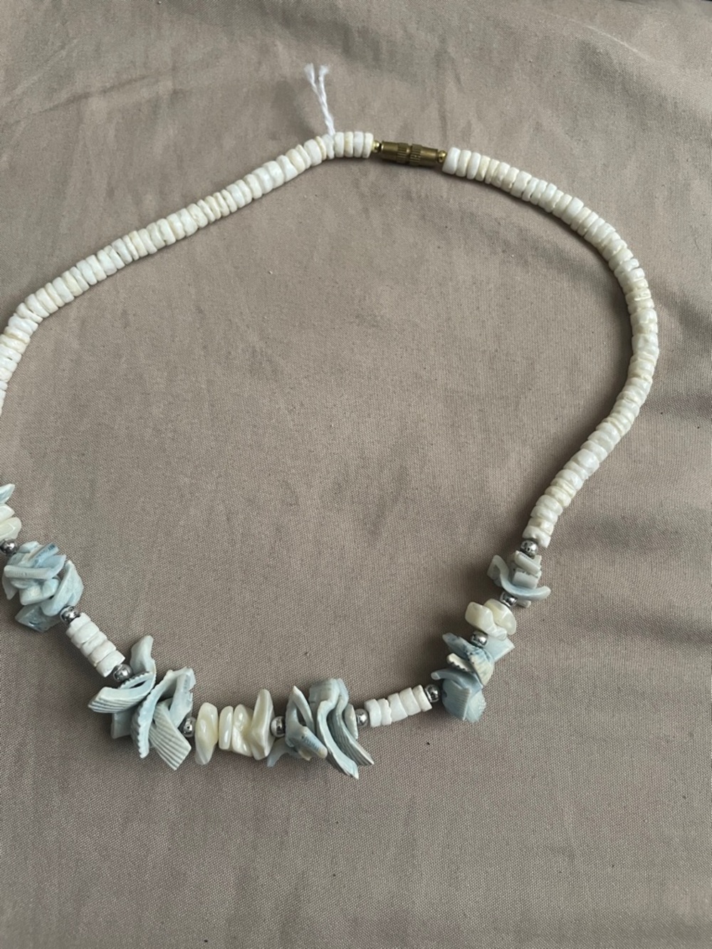Shell and Stone Chip Necklace in Ivory and Pale Blue and one with pin pink